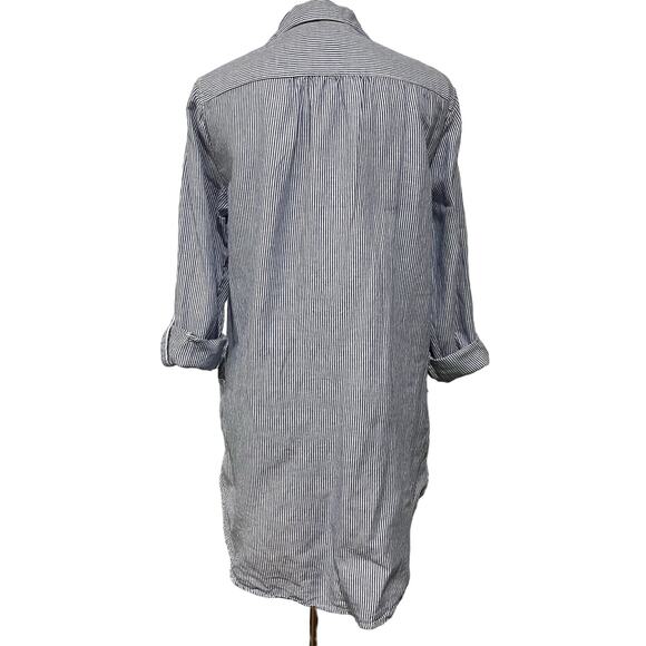 For Cynthia Linen Blend Cover Up Top Tunic Blue Striped Roll Tab Sleeves Size M - Picture 6 of 9